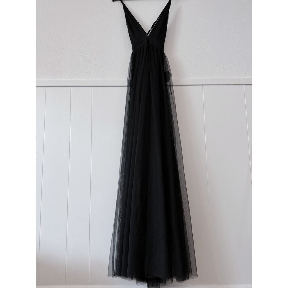 Black Tulle Maxi Dress Plunge Halter Open Back Slit Prom Evening Luxxel S NWT - Picture 4 of 11